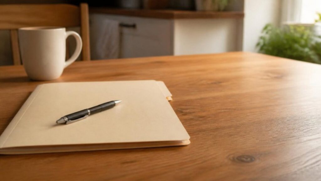 A folder, pen and coffee mug on a kitchen table for planning what happens if you die without a will in California